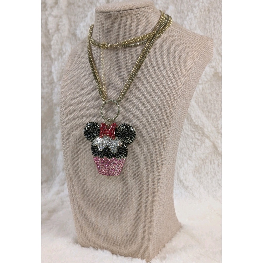 Disney Minnie Mouse Cupcake Rhinestone Necklace Gold Tone Statement Pendant Cute